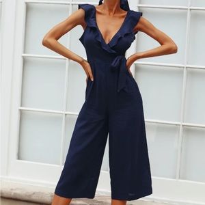 Rumor Boutique navy blue wrap tie waist cropped linen feel jumpsuit romper.